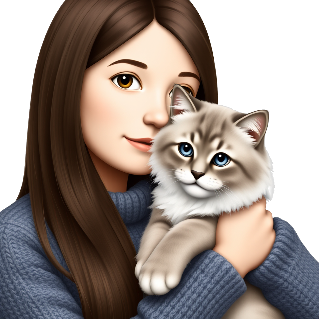 A black eyed Girl with dark brown long hair wearing a cozy sweater holding a blue eyed Siberian cat in her arms