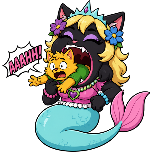 furry yellow cat with green shirt vored by black cat furry with light yellow hair purple and blue flowers light cyan crown purple and green necklace pink and blue bracelets pink dress attached to long light cyan mermaid tail with pink tail fins comic
