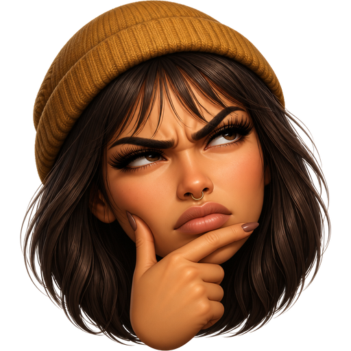 28 year old baddie long dark brown hair with wispy bangs, extra long eyelashes, with a thin septum ring, full but not too big lips, wearing a yellowish brown beanie, making this face : π€ but SUPER irritated trying to figure out how some guy has the audacity to treat her badly