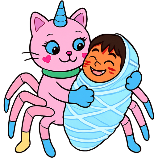 giant pink cat spider hybrid with blue unicorn horn green collar blue eyes with eyelashes heart shaped cheeks white wrists blue hands blue pink spider legs with half white and yellow socks and blue socks cartoon character happy cuddling #B8FFFF cocoon slikworm cocooned pod jungle native boy with red and yellow face paints happy covered with #B8FFFF huge coating of #B8FFFF spider slik and huge #B8FFFF spider slik wrappings and huge #B8FFFF spider slik webbing wrappings #B8FFFF artistic creation, beautiful art