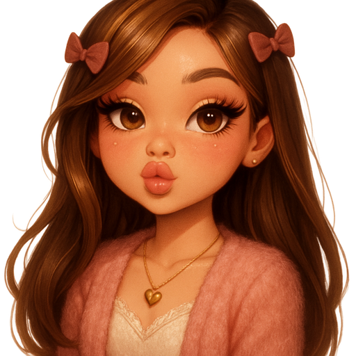 luxury glossy bratz-anime romantic aesthetic, warm cinematic glow, crisp clean detail, glossy glam skin. petite girl, warm soft-autumn tone, fair warm skin, honey-brown almond eyes, soft freckles, warm toasty glam makeup, glossy nude lips, flutter lashes, sweet Belle-princess vibe, super long brunette hair with visible honey blonde highlights, curved ends, bouncy shine, playful expression, cheeks puffed, soft pouty raspberry face, glossy lips, long bouncy side part hair with soft curtain swoop, tiny velvet bow clips, cozy blush pink fuzzy cropped cardigan, cream lace cami peeking, gold heart necklace, soft sparkly highlight under eyes