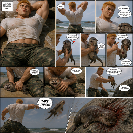 A Full page Comic book story about of a Bulky Cute Bara Man American 20 year old with a ROUND and BASIC facial structure and Young Adult BARA CUTE that is Peach Toned skin not anything else MALE not to detailed With bigger than average Pecs that are visible through the shirt and Biceps and a big Bandaid on his nose and Left Cheek and Right Eye brow with Scars all over his Chest and arms. Wearing a White baggy shirt and jeans that is tight around the waist and Baggy Camo Cargo pants drenched in sweat and Short and yellowish orange Hair and Bright Gold Fluffy Hair and Strait with brown eyes and black eyebrows with a Three finger Slash on his Eyebrow. With no Facial Hair. Waking up in the morning at the Beach and his pet Baby CUTE Otter but Excessively bully’s it and the otter always thinks it’s a joke until the owner threw him at a rock