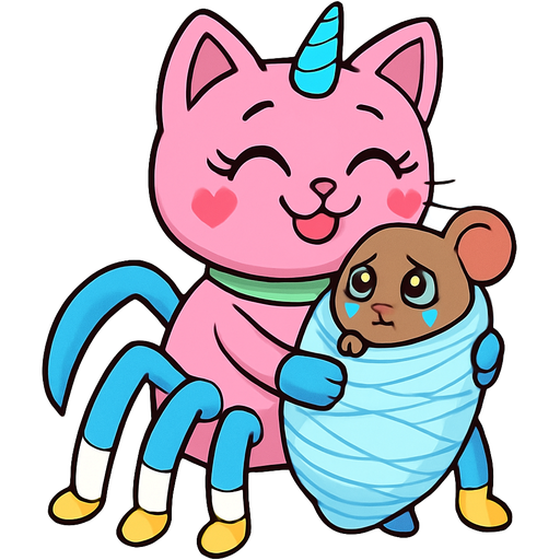 giant pink cat spider hybrid with blue unicorn horn green collar blue eyes with eyelashes heart shaped cheeks white wrists blue hands white ankles yellow feet blue tail and with white stripe happy hugging #B8FFFF cocoon slikworm cocooned pod brown mouse worried and teary eyes completely covered with #B8FFFF huge coating of #B8FFFF spider slik and huge #B8FFFF spider slik wrappings and huge #B8FFFF spider slik webbing wrappings cocoon #B8FFFF