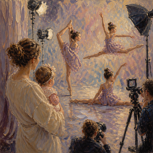 give me a mom holding her baby and she’s watching her daughter’s behind the sleeves, her twin daughters behind the scenes doing a photo shoot for dance and there’s lights and cameras everywhere and they are doing different types of dance poses like a needle struts a leap and a split