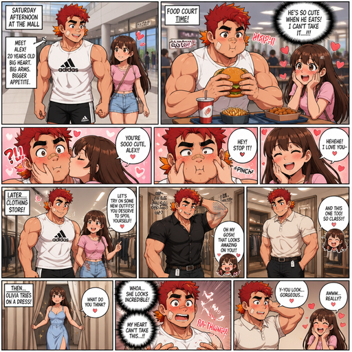 A Full page Anime Comic book story about of a masculine and Bulky ANIME Cute Bara Man American 20 year old with a ROUND and BASIC facial structure and TENAGE BARA CUTE MALE not to detailed With bigger than average Pecs that are visible through the shirt and Biceps and a big Bandaid on his nose and Left Cheek and Right Eye brow. Wearing a no piercings Baggy White Adidas Sleeveless Shirt and Shorts and Red Hair and Bright Orange Hair Tips and Strait with brown eyes and black eyebrows. At the Mall Together, and he is holding hand with his Olivia his Crush. Both At the food court eating food and he puffs his cheeks when he eats and she had CUTENESS AGGRESSION for him and kisses him and pinch’s his cheeks. And then they go to a clothing store and try on new Expensive Nice clothing. Then She comes out in a Dress and He Blushes hard