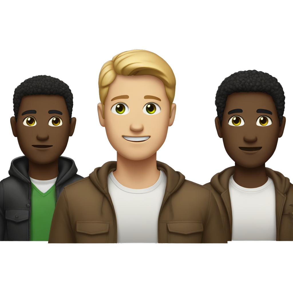 one white-tan colored man with green eyes and brown hair standing next to two other men one of them being dark tan with brown eyes and the other man is black with brown eyes