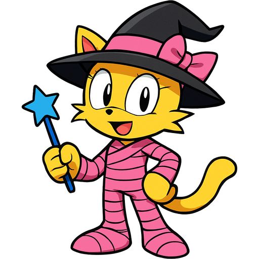 yellow cat anthro with black witch hat pink ribbon pink mummy costume holding a blue wand sonic x style