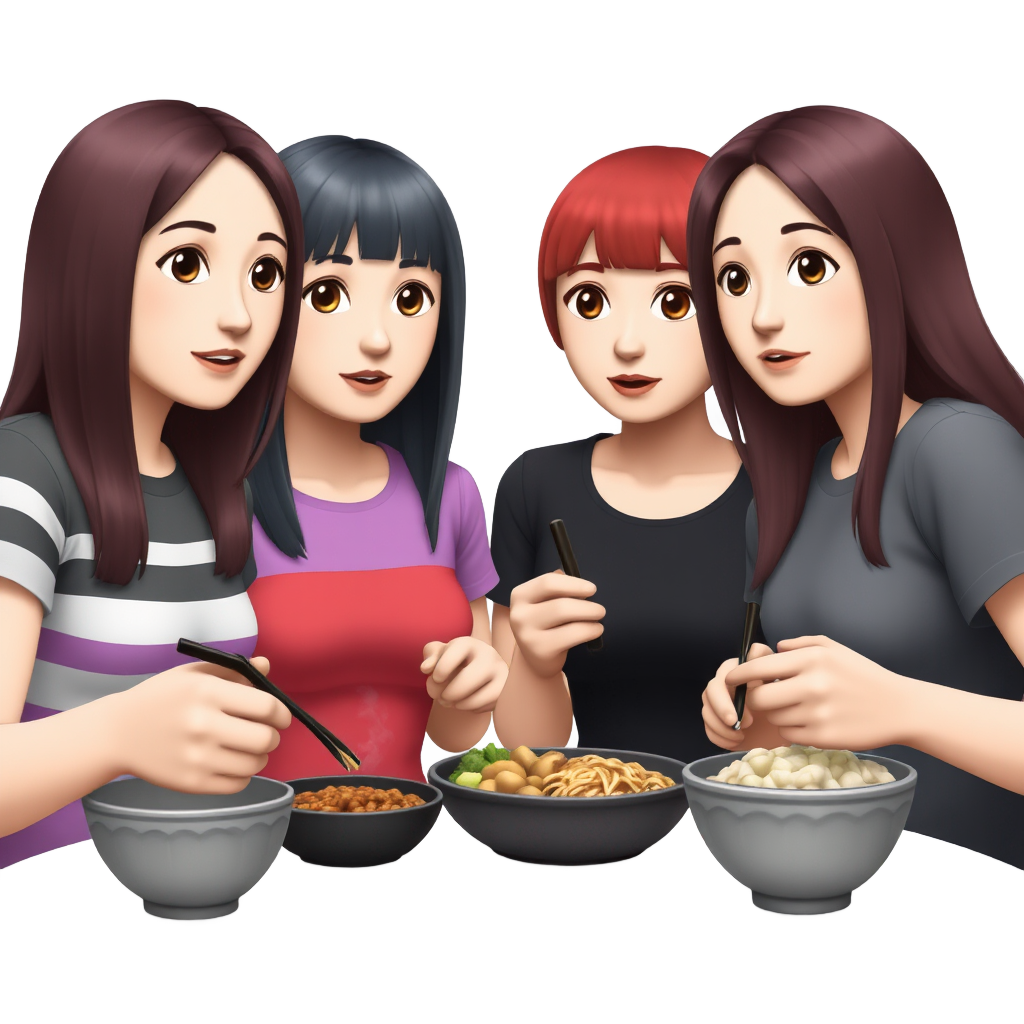 Cuatro chicas de la misma edad, cenando comida japonesa. La primera chica tiene el pelo corto por los hombros, castaño con mechas rubias y un poco ondulado. Está un poco morena y lleva un top de banda color lila. La segunda chica tiene el pelo largo, castaño y ondulado. El tono de piel es más clarito, y lleva una camiseta de color rojo. La tercera chica tiene el pelo rubio oscuro lisa, y le llega por la altura del pecho. Lleva un top de color negro de tirantes finos y es blanquita de piel. Por último tenemos a una chica con rasgos asiáticos, morena de piel, y con el pelo corto por los hombros, negro y liso. Lleva una camiseta blanca de manga corta. Todas contentas y sin cara de dar miedo