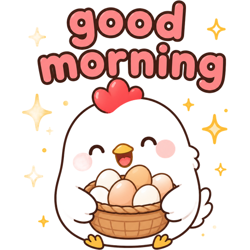 A white chicken smiling holding a basket of eggs, with words “good morning” above! sparkles around, the image should be similar to mochi cat, the writing must be easy to see not faded