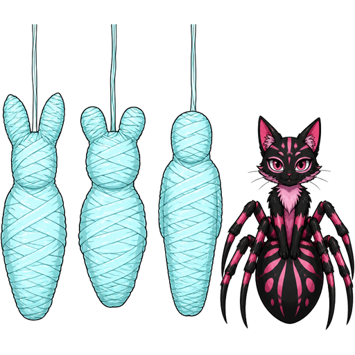 #B8FFFF spider slik cocoon #B8FFFF mummified completely covered springtrap shaped cocoon hanged ears completely covered next to #B8FFFF spider slik cocoon #B8FFFF mummified completely covered rabbid shaped cocoon hanged ears completely covered next to #B8FFFF spider slik cocoon #B8FFFF mummified completely covered human shaped cocoon hanged ears completely covered next to pink and black cat drider hybrid