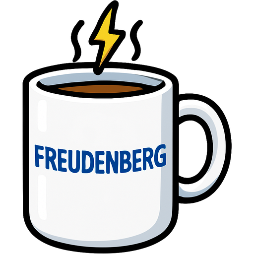 Emoji-style white coffee mug with blue “Freudenberg” text, extra energetic version with small lightning bolt in steam. Glossy highlights, bold outline, white background