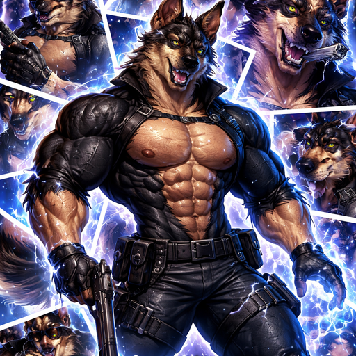 A Very Flirty, Hot and Attractive animal that is a Chunky and Hunky Sabertooth mixed with a German Shepard with Ginormous Biceps and Pecs Bara furry Spy Dressed in All Black All powerful Electrokinetic Elemental Powers controlling Electricity and Lightning. Dripping with Sweat. A Collage