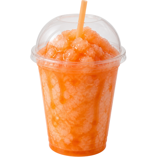 Peach Iced Tea Shaved Ice Slushie in a Plastic Cup and Plastic Dome Lid with a Straw Mixed in with Extra Syrup