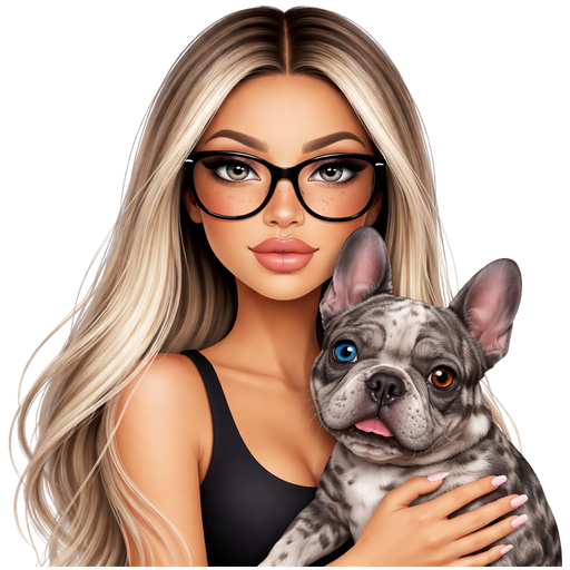 40 year old latina baddie with slim face and lips slightly full and a slight bumpy nose round face cheek bones with dark freckles across her nose and almond shaped LIGHT GRAY colored eyes and lashes with fair skin with dark freckles across nose with shiny nose ring in her nose and very long straight icy blonde hair and dark roots parted in the middle and wearing large black glasses wearing a black tank top with a serious face and light pink color nails and holding a gray merle french bulldog that has one blue and one brown eye