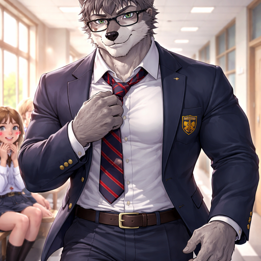 A Full Body Image of a Hunky and Chunky a Gray Wolf who is a Muscular but not to muscular Masculine and Handsome and Ginormous Arms and a Rounded Pecs Short Strait Hair. Wearing a School uniform with a Blazer and Tie with Glasses. Walking in the Hallway. Girls blushing sitting next to him. Grabbing his Tie and really Sweaty
