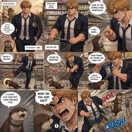 A Lifelike and Detailed Comic book story about of a Bulky and Beefy and every Muscle is bigger than average and less shredded or muscular with Chunky and Bulky chest and Biceps and his defined abs ANIME Cute Bara Man American 20 year old with a ROUND and BASIC facial structure and Young Adult BARA CUTE that is Peach Toned skin not anything else MALE not to detailed With bigger than average Pecs that are visible through the shirt and Biceps but slim and Athletic Lower body that makes have a V-Tapper Lower Body and a big Bandaid on his nose and Left Cheek and Right Eye brow with Scars all over his Chest and arms. Wearing a no piercings Wearing a baggy School Uniform and tie with Blazar and Pants and yellowish Brown Hair and Bright Light Brown fluffy Hair and Strait with brown eyes and black eyebrows with a Three finger Slash on his Eyebrow. With no Facial Hair. Coming home from School with his Pet Otter that has a Collar and has a Huge Crush on him but he doesn’t like the otter back, at the grocery store with the leash tied to the cart ans excessively Bullies it all day. And he the otter always gets disciples. And the otter one day talked back to him at the grocery store and he says the otter is throw at the cart and a the cart falls