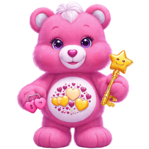 Precious Heart Magenta Care Bear with Three Yellow Hearts Surrounding Tiny Dark Magenta Hearts arranged in a circle with Three Pink Hearts with the key hole on the left side and using the Starbuddy Key on the Right side in the middle on the Stomach with White Tufts of Hair Purple Eyes and a Magenta Heart Nose The inside of the ears are silver and Paws Holding a Starbuddy key in the Right Paw