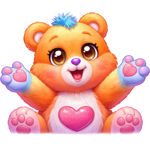 Thankful Heart Care Bear with Gradient Orange Fur and Yellow Around the Forehead and on the Ears with Pink Paws and Feet with Blue Bear Paws Reaching For the Glitter Hearts with a Yellow Outline and Red Hearts with Purple, Yellow, Pink Twinkles and Stars with a Purple Heart Nose and Blue Tufts of Hair and Two Hearts in the Pupils of the Eyes