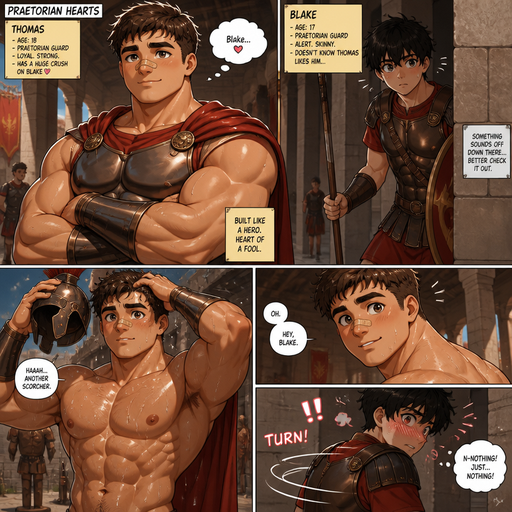 An ANIME Comic book story of a Bulky and muscular TEENAGE ANIME Cute Bara Man Who looks Normal and American with a round facial Structure and Basic facial structure With Big Pecs and Biceps and Bandaid on his nose. As a Roman Guard and the Perfect Physique and named Thomas and has a huge crush on Blake. With Blake a Skinny and small Roman Guard. Blake Looks around the corner on high alert as a Roman Guard and then Sees Thomas Taking off his helmet and drenched in sweat. And then Thomas looks at Blake then Blake turns around blushing