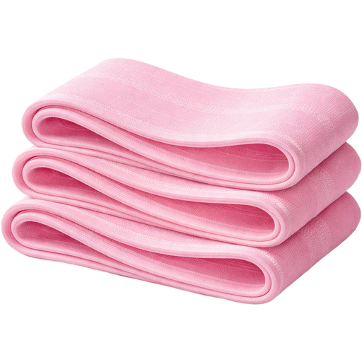 A set of baby pink resistance bands, neatly stacked on a smooth, neutral-toned studio surface. Soft, diffused studio lighting highlights the elastic texture, subtle sheen, and slight stretch of the material. Tiny reflections and shadows give depth, showing realistic weight and curvature.