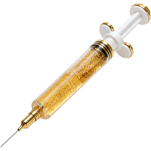 A single professional medical-grade aesthetics syringe, photorealistic product photography style. The syringe barrel is made of crystal clear glass with a luxurious glittery gold finish infused within the glass itself, the barrel shimmering and sparkling with thousands of fine gold glitter particles suspended beautifully within the glass material, catching the studio light with dazzling multi-point gold sparkle reflections and a rich warm golden luminosity radiating from within the barrel. The glittery gold glass catches and refracts light brilliantly with a glamorous high-end shimmer effect whilst still maintaining the realistic transparency and refractive qualities of glass, the fine gold glitter particles visible in stunning hyper-detailed clarity through the barrel walls. A small amount of liquid inside the barrel picks up the golden glitter shimmer giving it a luxurious gleaming inner glow. The plunger rod and finger grip flanges are finished in a crisp clean white with luxurious shiny metallic gold accent detailing along the plunger tip, gold band rings around the barrel neck, and a delicate gold trim on the finger grips maintaining full consistency with the matching luxury collection aesthetic. A fine ultra-thin stainless steel needle tip with a polished gold hub connector where it meets the glittery barrel. Beautifully lit with soft studio lighting creating explosive specular sparkle highlights dancing across the glittery gold glass barrel, elegant reflections on the solid gold metallic accents, gentle rim lighting tracing the edges, and a warm golden inner glow emanating from within the glass. Shot at a slight elegant angle to showcase the full length and glittery brilliance of the syringe. Hyper-detailed, ultra sharp focus, 8K resolution, high-end commercial product photography quality. No background, transparent, perfectly isolated, crisp clean edges.