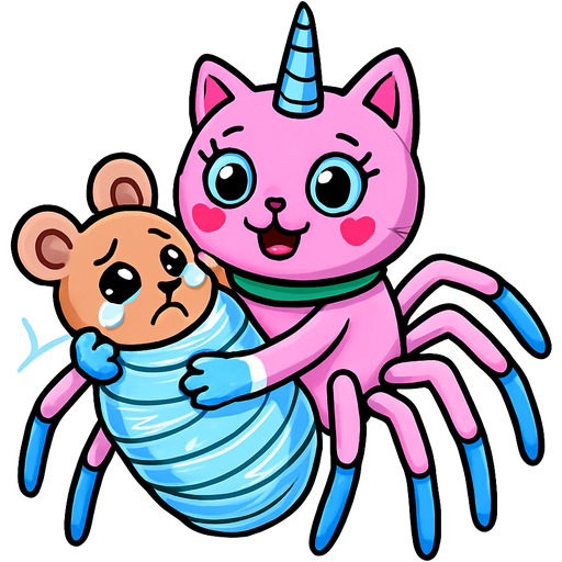 giant pink cat spider hybrid with blue unicorn horn green collar blue eyes with eyelashes heart shaped cheeks white wrists blue hands white ankles yellow feet blue tail and with white stripe happy hugging #B8FFFF cocoon slikworm cocooned pod brown mouse worried and teary eyes completely covered with #B8FFFF huge coating of #B8FFFF spider slik and huge #B8FFFF spider slik wrappings and huge #B8FFFF spider slik webbing wrappings cocoon #B8FFFF cartoon style emoji, fun expressive character