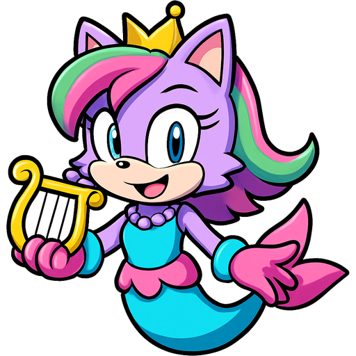 sonic x style version light purple cute cartoon character anthro cat smiling with pink and green and yellow hair blue green eyes golden crown with light purple necklace light cyan braclets cyan and blue dress with pink skirt attached to cyan mermaid tail with pink tail fins pink and cyan gloves holding a golden harp from sonic x style version emoji, artistic style