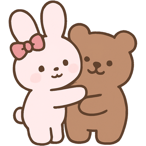 A very cute tiny bunny, but is the lightest shade of pink ever just a tiny bit dark but not at dark at all and it has a pink bow and is hugging a brown bear bigger than her