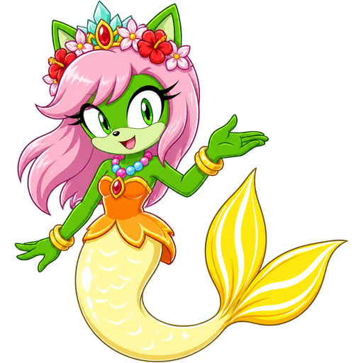 green cat with light pink hair red and flower light cyan crown pink and blue necklace golden and golden bracelets orange dress attached to long light yellow mermaid tail with white highlights with yellow tail fins with white highlights (sonic x anime)
