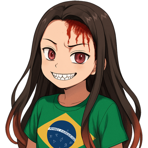 Nezuko smirking her shape teeth showing and blood on her head and she's in a Brazilian flag shirt and she is and realistic and Brazilian music