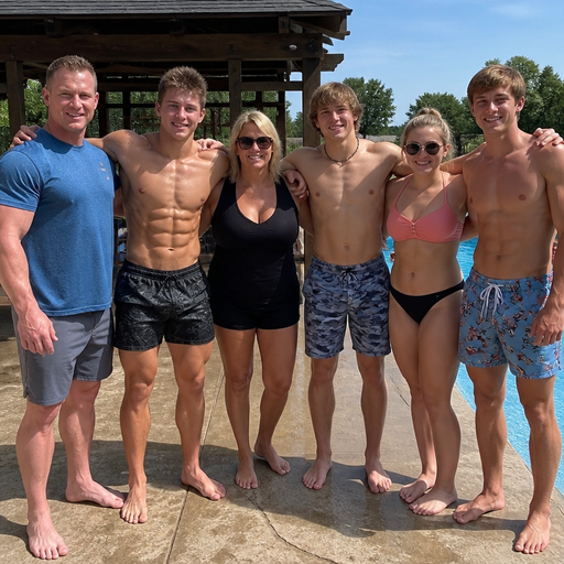 A Real life Full Body Image of a Bulky and Beefy and Buff and a lot of meat on him and Brown Spiked haired and Blue Eyed High Schooler with Wrestler’s Body and a Tiny Waist. At a pool party, and With his Family