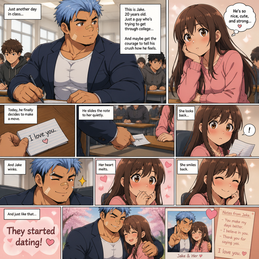 A Full page Anime Comic book story about of a masculine and Bulky ANIME Cute Bara Man American 20 year old with a ROUND and BASIC facial structure not to detailed With bigger than average Pecs that are visible through the shirt and Biceps and Bandaid on his nose and Left Cheek and Right Eye brow. Wearing a Blazer and Jeans and Light blue strait short Hair and Black Roots and Strait with brown eyes. In class passing notes to his girl crush that say I love you and he winks at her when she looks back. And then they started dating