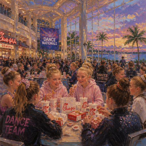 give me two 10 year-old twin Daughters eating Chick-fil-A with their friends and the dance team and they are inside the hotel where they do the dance nationals and it’s so so so so so so so so so big and they’re in a big food court and it’s crowded with a Bahamas evening view