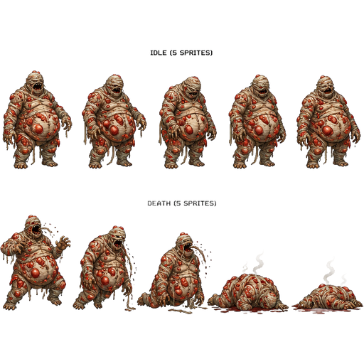 bloated mummy covered with red blisters
(idle five sprites) (death five sprites)( dungeon fighter online pc game)