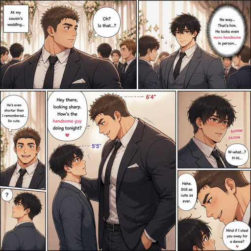 A DETAILED AND LIFELIKE ANIME Comic Book story view of a Big but Bulky ANIME Cute Bara Man With Peach toned skin Who looks Normal and 20 years old and round facial Structure and Basic facial structure With Puffy and Big Pecs that are visible through the shirt and Biceps and Brown short hair. Wearing a Suit and Had a Perfect Physique in it. At wedding and sees his crush and he looks so handsome he is 6’4 but his crush is 5’5 and fully grown and he tower over his crush when he flirts
