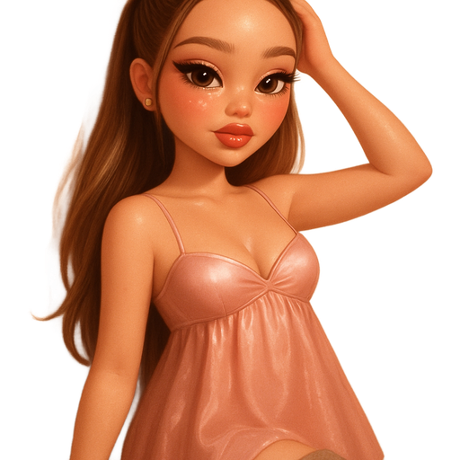 luxury glossy bratz-doll romantic aesthetic, warm cinematic glow, crisp clean detail, glossy glam skin. brown eyed Petite girl, fair skin with soft freckles, long wide face with tall forehead, honey-golden almond wide-set upturned eyes, attached ear lobe, fluttery lashes, shimmer highlight, plush lips, bottom heavy lip, sweet Belle-princess vibe, long straight brunette hair with visible light blonde highlights, softly defined feminine body, soft hourglass shape with full round bust, wearing warm blush pink satin spaghetti strapped puffy babydoll dress cut puff under bust, greige suede pointy-toed over-the-knee stiletto boots, gold studs, warm blush pink cat-eyeshadow, rose highlighted inner-corner, glossy warm blush cheeks, soft warm blush plush lips, soft waved ponytail with scalp-braid going toward pony, she’s leaning up against a wall smoothing out her ponytail. Cozy romantic glow, soft warm lighting, pop-princess energy