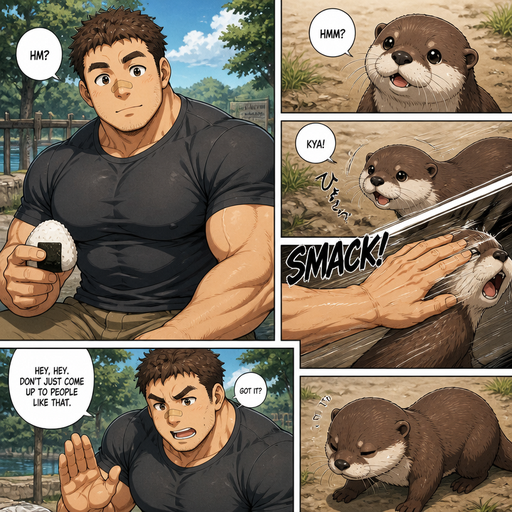 A DETAILED AND LIFELIKE ANIME Comic Book story view of a Bulky but Muscular ANIME Cute Bara Man With Peach toned skin Who looks Normal sincerely d round facial Structure and Basic facial structure With Puffy and Big Pecs that are visible through the shirt and Biceps and Bandaid on his nose and Brown short hair. Wearing normal clothes. And an otter comes up to him and a hand flies across it’s face