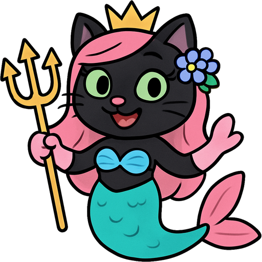 black cat smiling pink long hair golden crown purple and blue flowers green eyes light pink gloves very long cyan mermaid tail with pink fins swimsuit cyan holding a golden trident happy tree friends style fan character emoji, expressive cute style
