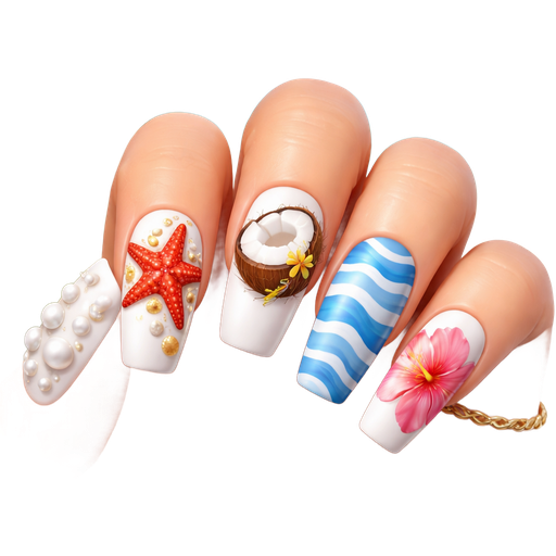 On the thumb a white with 3d pearls on it on the pointer nail a white with a red star fish on it on the middle nail a white nail with a cut in half coconut and on the ring nail white with blue stripes and on the pink nail a pink beachy flower long square shape