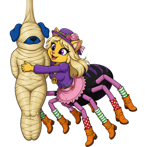 furry blue dog getting wrapped up and mummified webbed from head to toe by drider furry yellow cat anthro with purple eyes light blonde hair purple and pink florist hat and purple florist outfit with a purple spider's black lower body with eight pink spider legs wearing green and white and red socks orange boots with buckles light pink skirt peace sign necklace using its own light blonde hair webbing light blonde hair mummy cocoon from head to toe shaped like furry blue dog with arms behind back and legs bonded together completely covered with light blonde hair webbings hanging with light blonde hair webbings hunged by its ceiling then drider furry yellow cat anthro with purple eyes light blonde hair purple and pink florist hat and purple florist outfit with a purple spider's black lower body with eight pink spider legs wearing green and white and red socks orange boots with buckles light pink skirt peace sign necklace appears running towards and latching on it and hugs it cartoon clipart version
