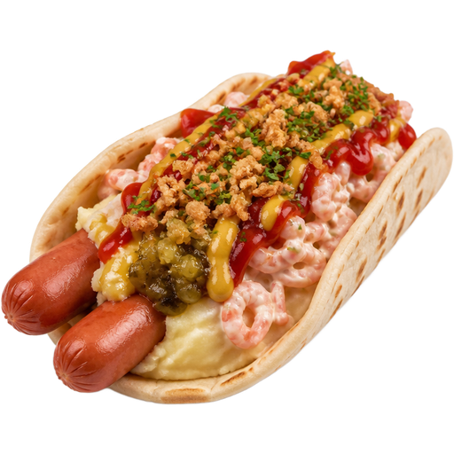 Swedish-Style Hotdog with Two Hotdogs Wrapped in a Flatbread with Mashed Potatoes, Shrimp Salad, Crispy Fried Onions Ketchup, Mustard, Relish and Parsley