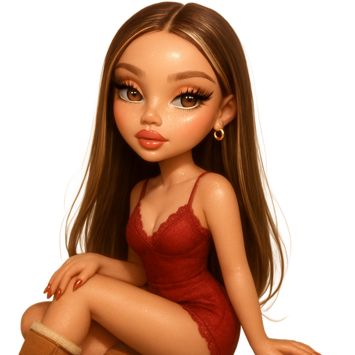 luxury glossy bratz doll romantic aesthetic, cinematic glow, crisp clean detail, glossy glam skin. brown eyed Petite girl, fair skin with soft freckles, long wide face with tall forehead, honey-golden almond wide-set upturned eyes, fluttery lashes, shimmer highlight, plush lips, bottom heavy lip, sweet Belle-princess vibe, long straight brunette hair with visible light blonde highlights, softly defined feminine body, softly defined body shape with full round bust, wearing a muted brick colored SKIMS lace trim deep red romper, ugg mini boots, brick red & brown ombre almond shaped nails, small gold thick hoop earrings, toasty makeup, hair long straight & sleek low pony over shoulder, sitting. full body showing. Cozy romantic glow, soft warm lighting, pop-princess energy, shimmer highlight, sparkly glow