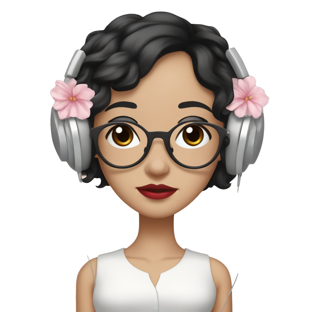 a pale asian girl with big doe eyes, short black hair black eyes with nude pink lipstick and sillver glasses. she has white earmuffs on which look like headphones. hair hair is wavy and shoulder length with side curtain bangs. she’s wearing a white dress with some red flowers drawn on it with a pink thin cardigan. with a heart shaped silver necklace with baby pink ribbons holding it instead of a chain. she’s smiling and making a heart with her hand
