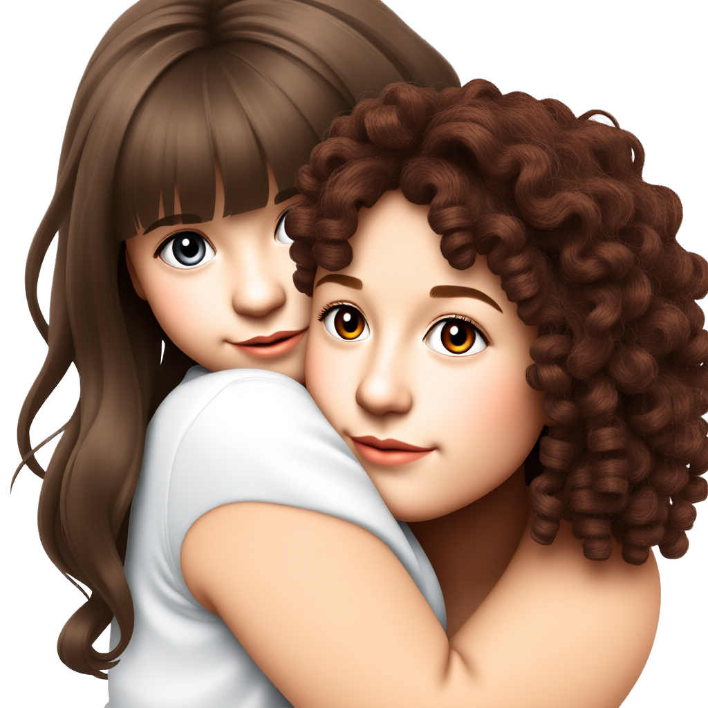 white girl with grey eyes, dark brown hair with freckles is hugging a Tan girl with brown eyes, brown curly hair