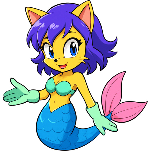 yellow cat anthro with purple hair blue cyan and white mermaid tail with pink fins light green gloves and swimsuit top blue sonic x style version artistic creation, beautiful art