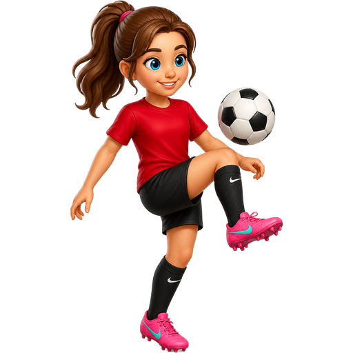 A girl with brown hair and blue eyes playing soccer with a red T-shirt on and black shorts of pink football doing kick ups with pink boots with turquoise Nike tick on them