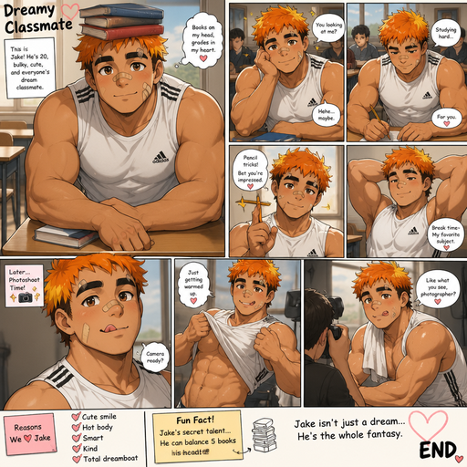 A Full page Anime Comic book story about of a masculine and Bulky ANIME Cute Bara Man American 20 year old with a ROUND and BASIC facial structure and TENAGE BARA CUTE MALE not to detailed With bigger than average Pecs that are visible through the shirt and Biceps and a big Bandaid on his nose and Left Cheek and Right Eye brow. Wearing a no piercings Baggy White sleeveless Adidas Athletic shirt and Short and Orange Hair and Brighter Yellow Hair Tips and Strait with brown eyes and black eyebrows. Sitting down with his head still and his eyes looking up at you with a Hot,Cute and Dreamy smile And Balances Books on his head and doing other cute and Hot stuff in classrooms and Licking his lips at a Photoshoot.