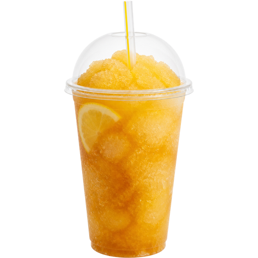 Lemon Iced Tea Shaved Ice Slushie in a Plastic Cup and Plastic Dome Lid with a Straw Mixed in with Extra Syrup
