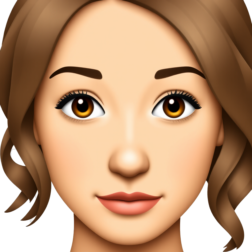 A face of a Woman with medium brown hair with wavy highlights, light brown skin, brown eyes with voluminous eyelashes, small nose, pink mouth, medium and dark eyebrows Not too close