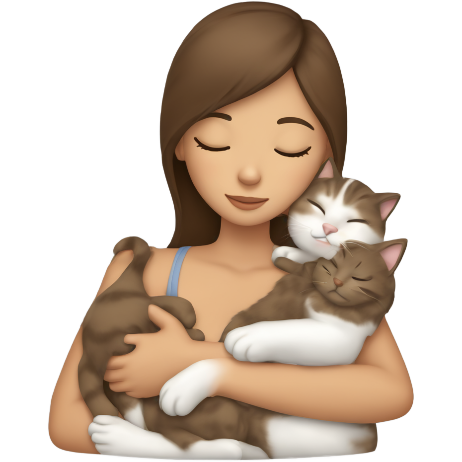 A brown haired girl with a slight tan, sleeping with her cat in her arms. A cat fur is primarily a mix of light gray, which covers most of its body including its head and legs. The second color is white, which covers the chest and belly area and extends to the paws of both the hands and feet. The nose is soft and small, with a pink color. As for the face, gray fur dominates the upper part, while the area around the mouth and chin is completely white. The eyes are dark gray, and the paws are entirely white.